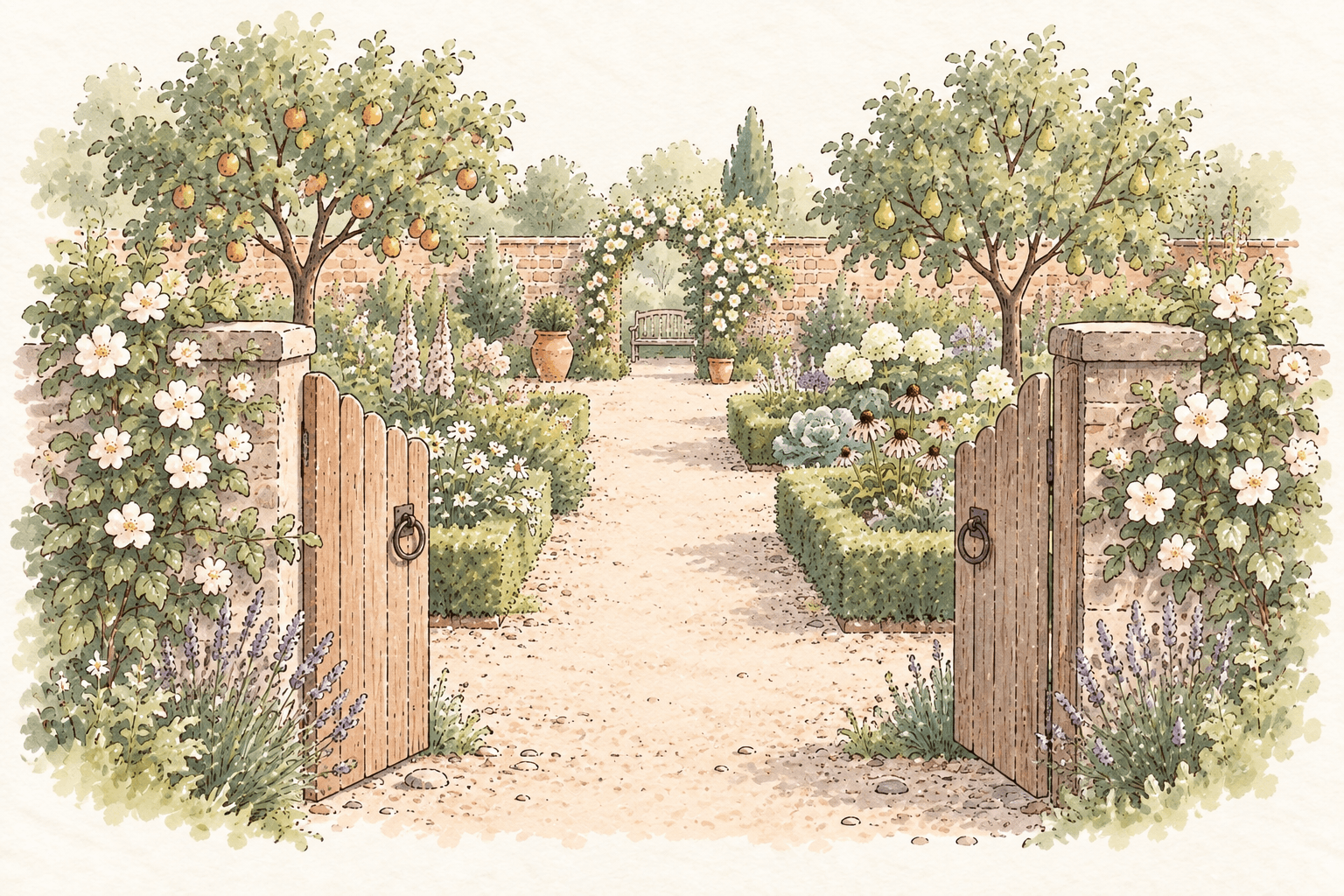 An open garden gate leading between flowering beds and fruit trees