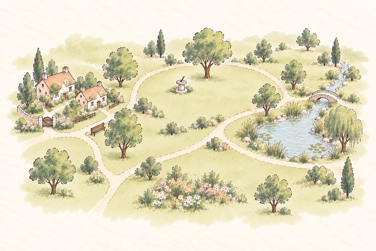 A garden map with selectable entrance, pond and flowering patch Points
