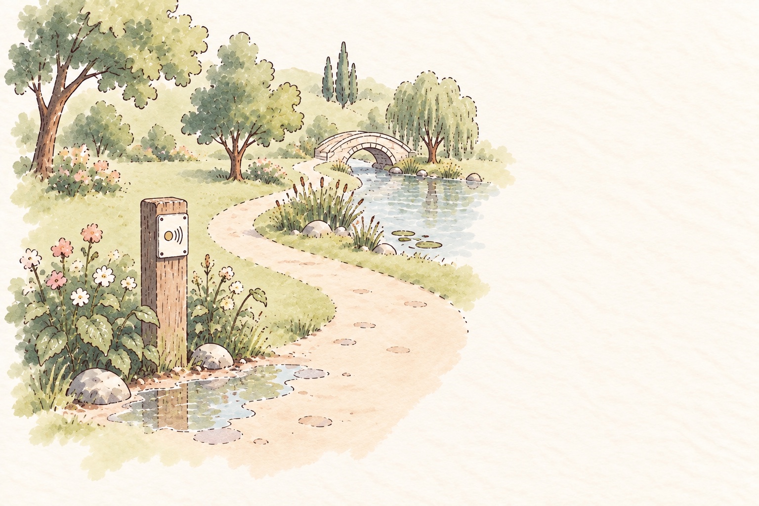 A garden path beside a pond, with a physical Point marker