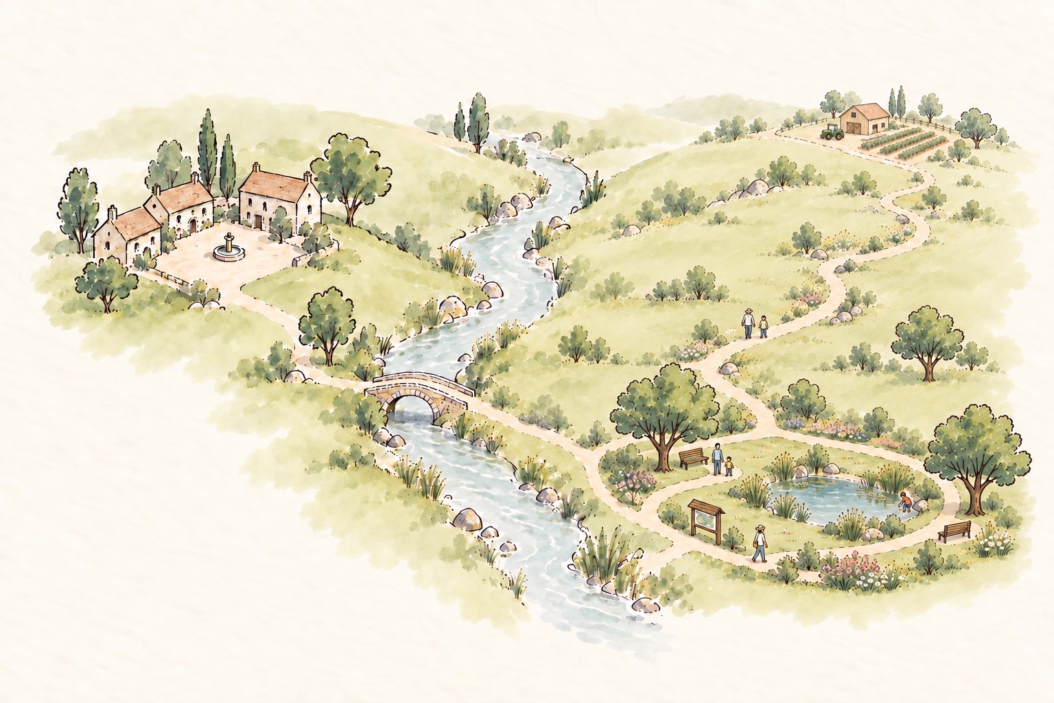 Watercolour river valley with a town square, a riverside path, a public park, a winding trail and a farm with crop fields