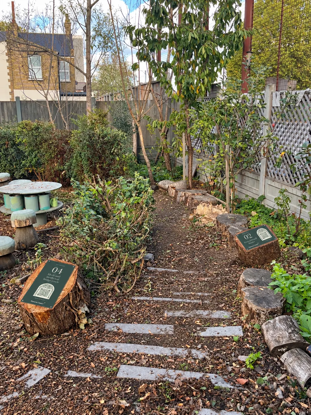 The stepping-stone path through the garden, with signs 01 and 02 on log rounds along its edge